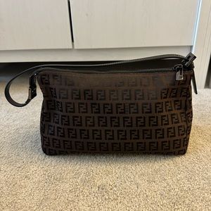 FENDI Zucchino Canvas Pochette Small Purse Bag Brown Black, Vintage, Authentic
